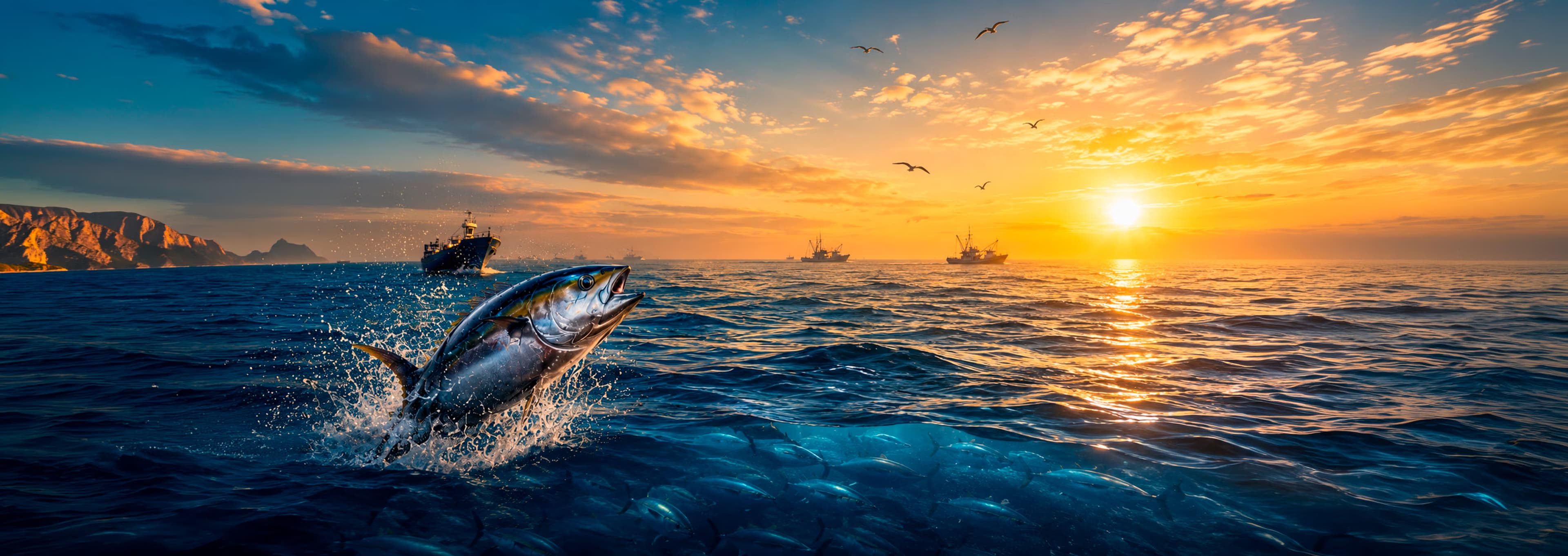 Atún frente a la costa de Manta al atardecer.